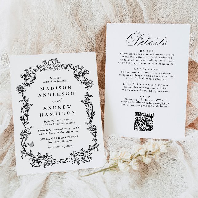 Invitation Elegant Black Victorian Floral All in One Wedding (Créateur téléchargé)