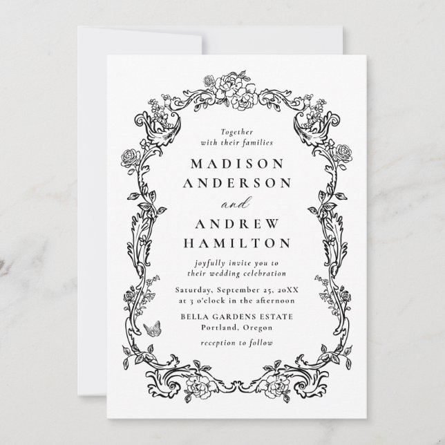 Invitation Elegant Black Victorian Floral Frame Wedding (Devant)