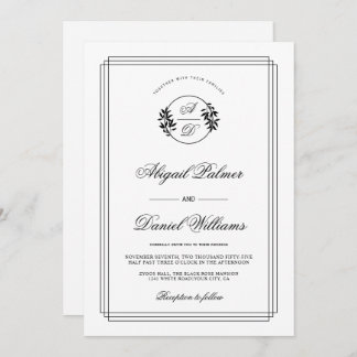 Invitation Elegant black, white branch and initials wedding i