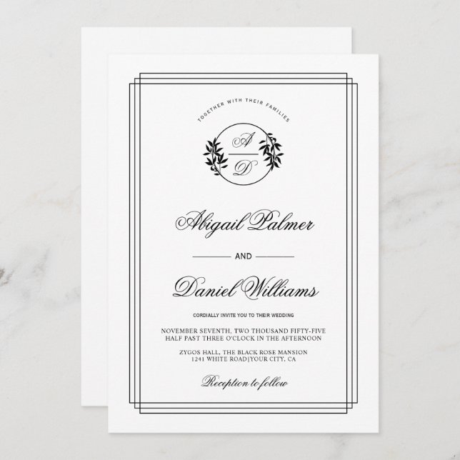 Invitation Elegant black, white branch and initials wedding i (Devant / Derrière)