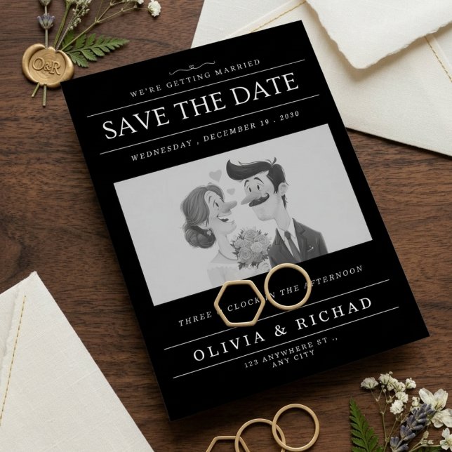 Invitation Elegant Black & White Cartoon Couple Wedding Save  (Créateur téléchargé)
