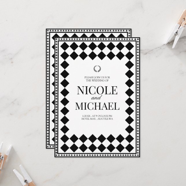 Invitation Elegant Black &White Diamond Pattern Wedding (Devant/Arrière en situation)