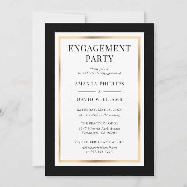 Invitation Élégant Black White et Gold Engagement Party (Devant)