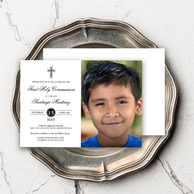 Invitation Elégant Black White First Communion Photo Boy (Créateur téléchargé)