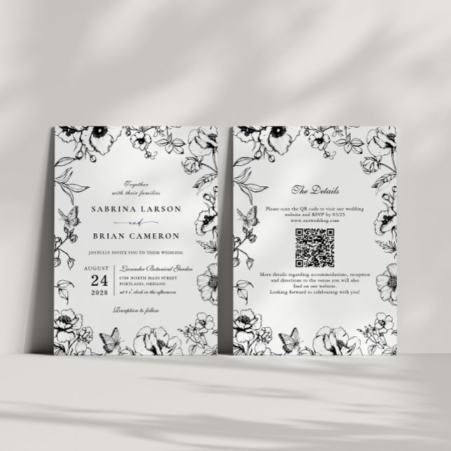 Invitation Elegant Black White Floral Garden QR Code Wedding (Créateur téléchargé)
