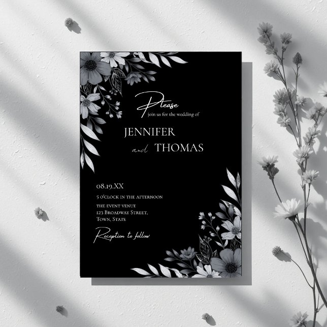 Invitation Elegant Black & White Floral Hand-Drawn Wedding (Créateur téléchargé)