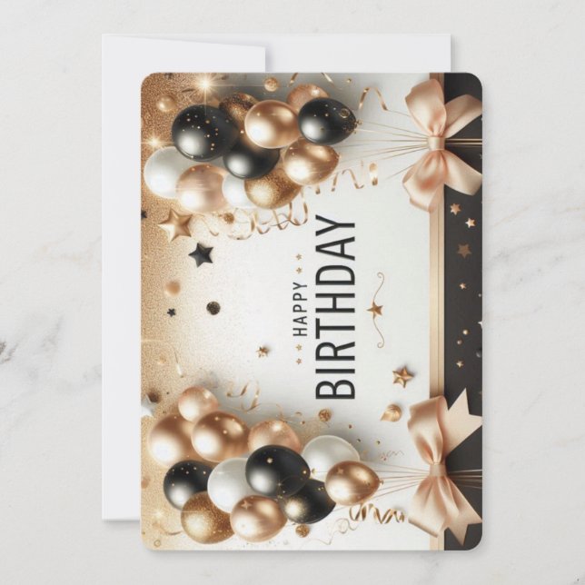 Invitation Elégant Black White & Gold Balloons Joyeux anniver (Devant)