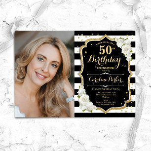 Invitation Elégant Black White Gold Photo 50e anniversaire
