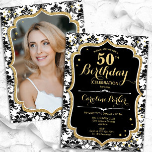 Invitation Elégant Black White Gold Photo 50e anniversaire