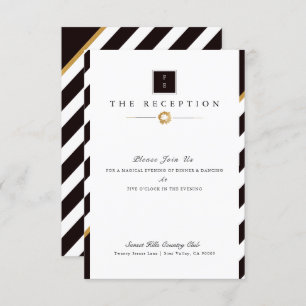 Invitation Elégant Black White Gold Stripe Réception de maria