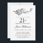 Invitation Elégant Black White Golf 21ème anniversaire<br><div class="desc">Elégante invitation d'anniversaire en noir et blanc pour un golfeur. Le top de l'invitation est décoré d'accessoires de golf - un club de golf, balle de golf, casquette et gants. L'aquarelle crée une esthétique traditionnelle et classique. Parfait pour un bain d'anniversaire au club ou un jardin barbecue. Tout le texte...</div>
