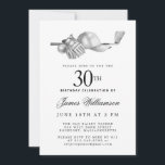 Invitation Elégant Black White Golf 30e fête d'anniversaire<br><div class="desc">Elégante invitation d'anniversaire en noir et blanc pour un golfeur. Le top de l'invitation est décoré d'accessoires de golf - un club de golf, balle de golf, casquette et gants. L'aquarelle crée une esthétique traditionnelle et classique. Parfait pour un bain d'anniversaire au club ou un jardin barbecue. Tout le texte...</div>