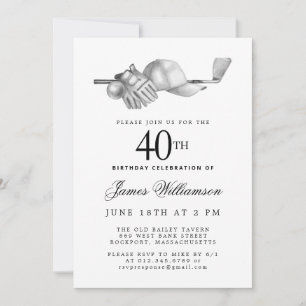 Invitation Elégant Black White Golf 40e anniversaire