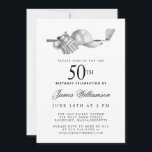 Invitation Elégant Black White Golf 50e fête d'anniversaire<br><div class="desc">Elégante invitation d'anniversaire en noir et blanc pour un golfeur. Le top de l'invitation est décoré d'accessoires de golf - un club de golf, balle de golf, casquette et gants. L'aquarelle crée une esthétique traditionnelle et classique. Parfait pour un bain d'anniversaire au club ou un jardin barbecue. Tout le texte...</div>