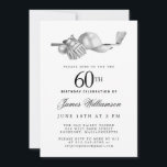 Invitation Elégant Black White Golf 60e fête d'anniversaire<br><div class="desc">Elégante invitation d'anniversaire en noir et blanc pour un golfeur. Le top de l'invitation est décoré d'accessoires de golf - un club de golf, balle de golf, casquette et gants. L'aquarelle crée une esthétique traditionnelle et classique. Parfait pour un bain d'anniversaire au club ou un jardin barbecue. Tout le texte...</div>