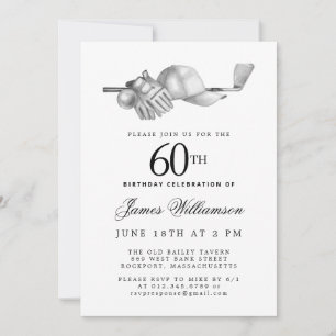 Invitation Elégant Black White Golf 60e fête d'anniversaire