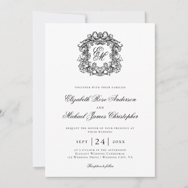 Invitation Elegant Black White Monogram Crest Wedding (Devant)