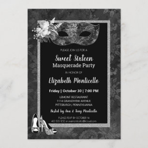 Invitation Élégant Black/White Sweet 16 Masquerade Party