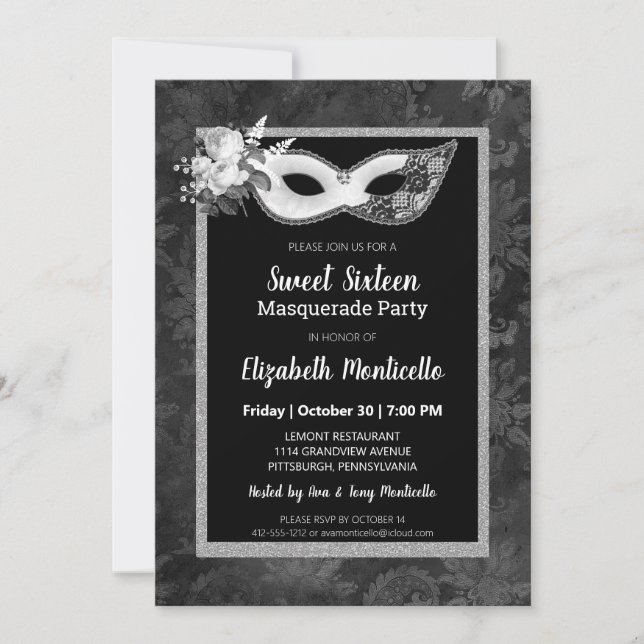 Invitation Élégant Black/White Sweet 16 Masquerade Party (Devant)