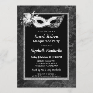 Invitation Élégant Black/White Sweet 16 Masquerade Party