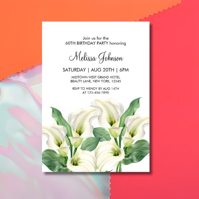 Invitation Elégant Blanc Calla Lily Floral Botanique Annivers (Créateur téléchargé)