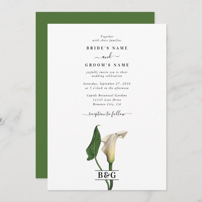 Invitation Elégant blanc Calla Lily Vert Mariage botanique (Devant / Derrière)