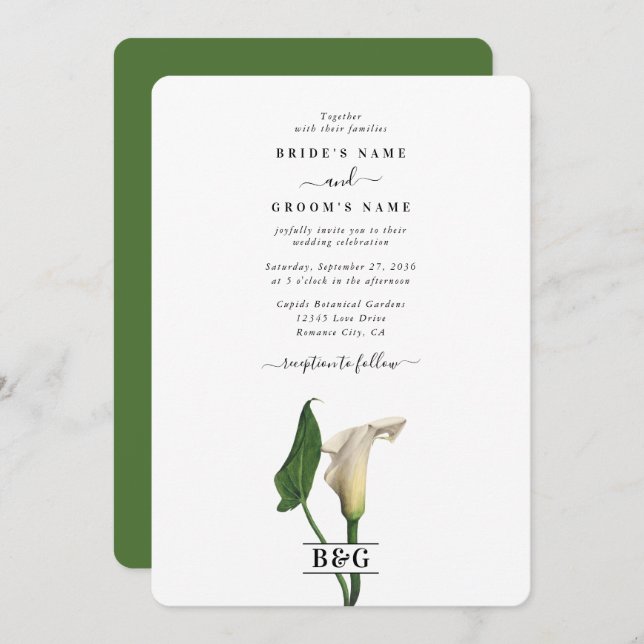 Invitation Elégant blanc Calla Lily Vert Mariage botanique (Devant / Derrière)