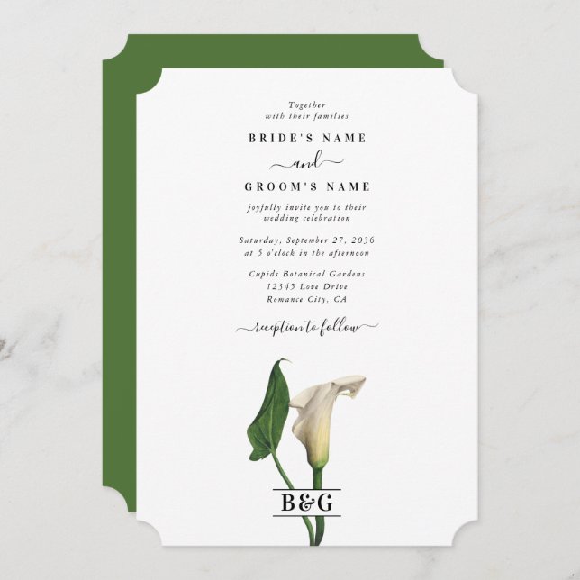 Invitation Elégant blanc Calla Lily Vert Mariage botanique (Devant / Derrière)