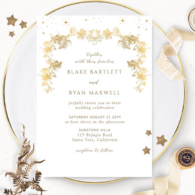 Invitation Élégant blanc céleste, Mariage enchanteur d'or (Créateur téléchargé)