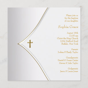 Invitation Elégant blanc Croix d'or Christening