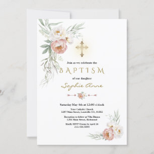 Invitation Élégant blanc Dusty Fleurs Roses Croix Baptême