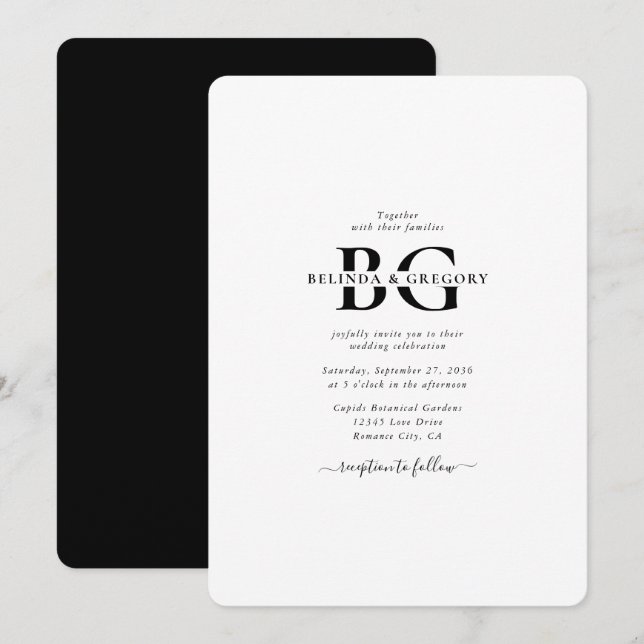 Invitation Élégant blanc et noir Mariage des initiales de mon (Devant / Derrière)