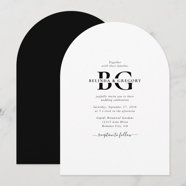 Invitation Élégant blanc et noir Mariage des initiales de mon (Devant / Derrière)