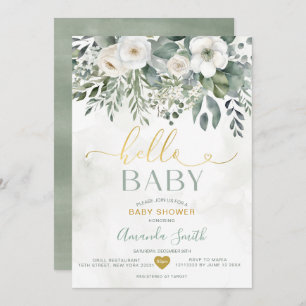 Invitation Elégant blanc Eucalyptus Floral Hello Baby shower