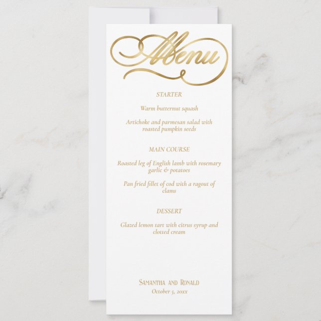 Invitation Elégant Blanc & Faux Gold Calligraphy Menu Mariage (Devant)