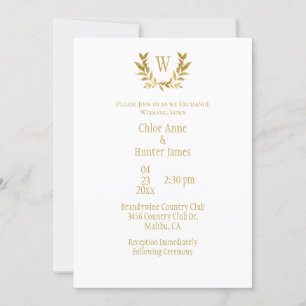 Invitation Elégant blanc feuille or Mariage chic Monogramme