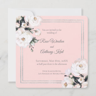 Invitation Elégant blanc Floral Argent Cadre Mariage rose