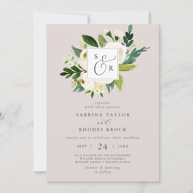 Invitation Élégant blanc floral Blush Mauve Mariage Monogramm (Devant)
