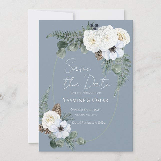Invitation Elégant blanc floral Dusty bleu Enregistrer la dat (Devant)