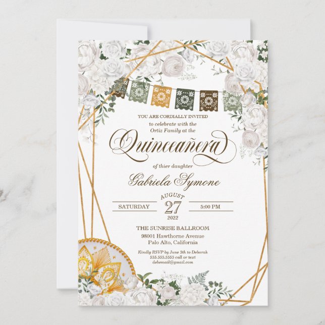 Invitation Élégant Blanc Floral Occidental Charro Quinceanera (Devant)