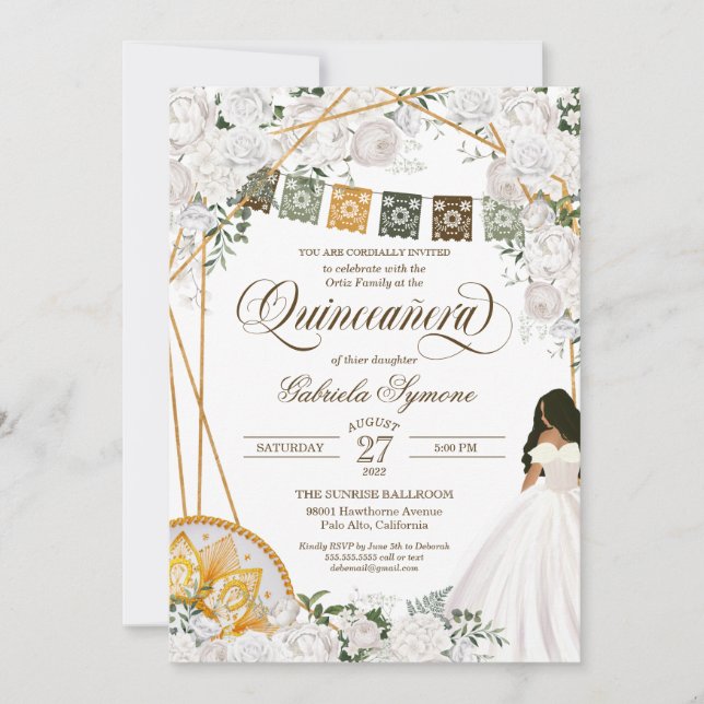 Invitation Élégant Blanc Floral Occidental Charro Quinceanera (Devant)