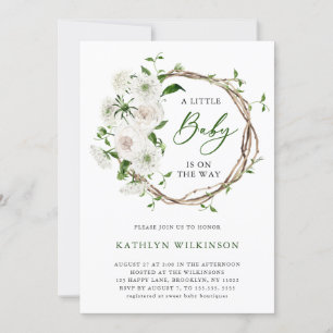 Invitation Elégant Blanc Floral Verdure Baby shower simple