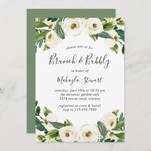 Invitation Elégant Blanc Floral verdure Brunch et Bubbly