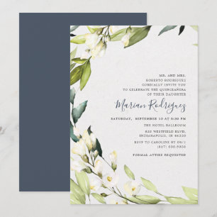 Invitation Elégant Blanc Floral Verdure Wreath Quinceañera