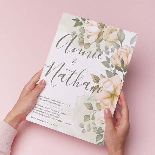 Invitation Élégant blanc floral vert Feuille Script Mariage (Elegant White Floral Green Leaves Script Wedding Invitation)