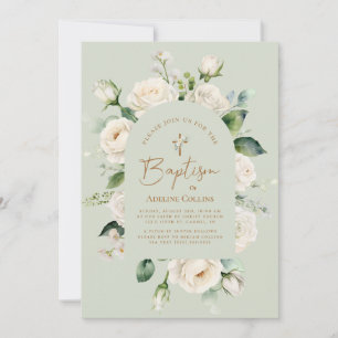 Invitation Élégant Blanc Floral Vieilli Sage Baptême
