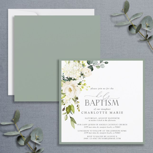 Invitation Elégant blanc gris vert Aquarelle Baptême (Créateur téléchargé)
