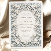 Elégant Blanc Iris Mariage Faux Conception Embossé