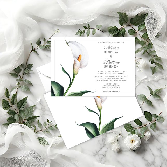 Invitation Elégant blanc ivoire Calla Lily Mariage (Elegant Ivory White Calla Lily wedding invitation front and back view.)