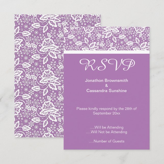 INVITATION ÉLÉGANT BLANC LACE VIOLET RSVP (Devant / Derrière)